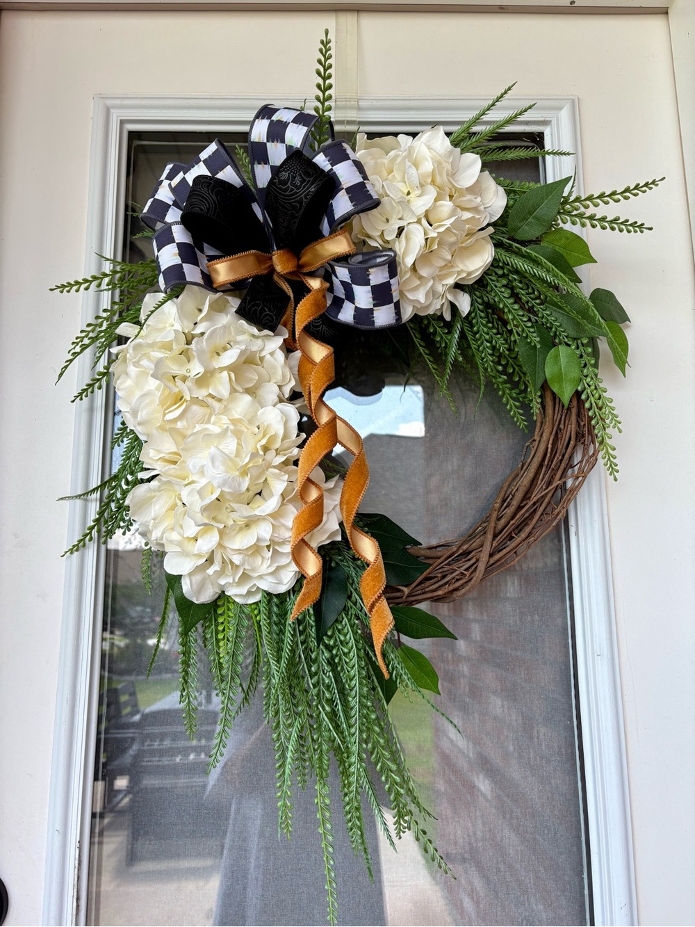 Hydrangea & Greenery Grapevine Wreath Black Check Gold Ribbon Mackenzie Childs